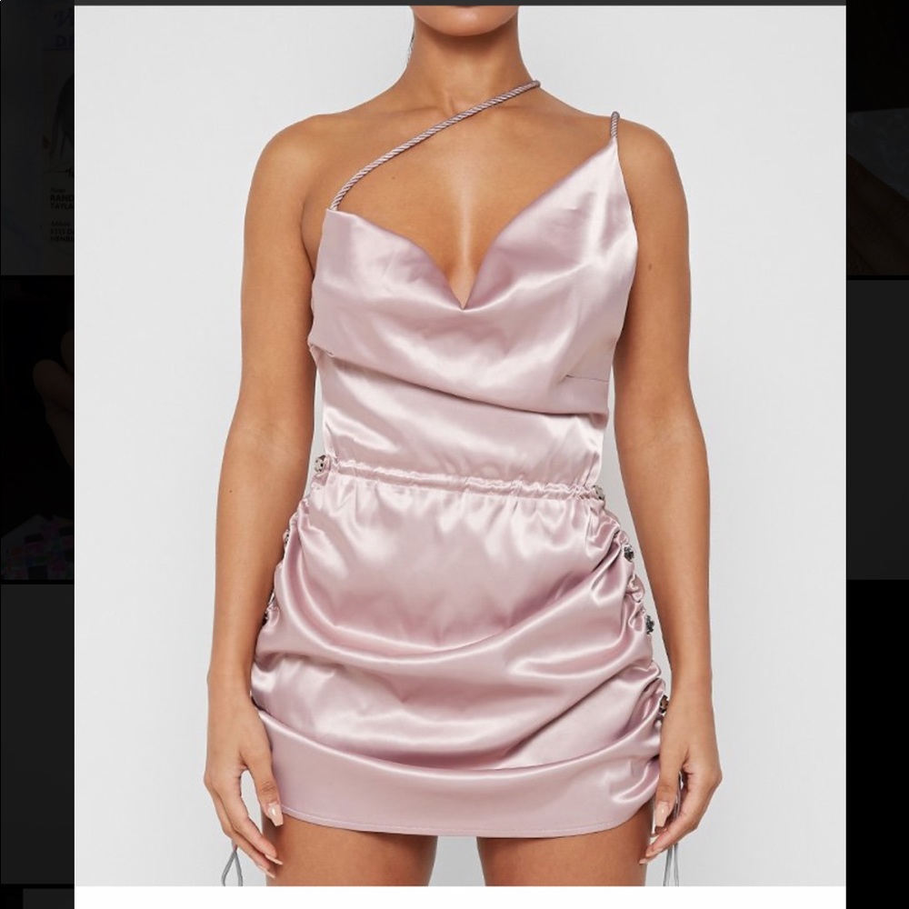 SATIN RUCHED MINI DRESS- PALE PINK
